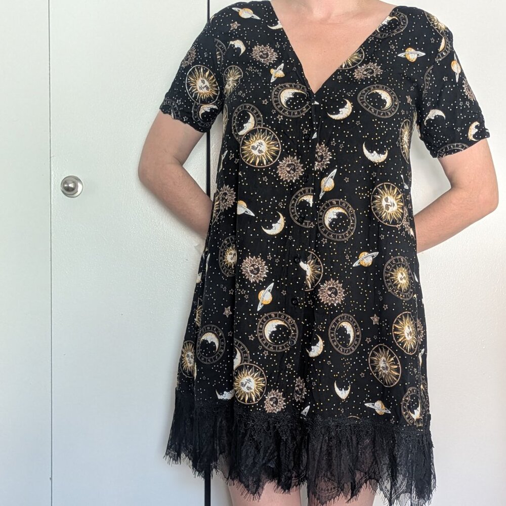 Cute motel swing mini dress lace hem stars and moons